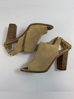 Gianni Bini Tan Suede Perforated Peep-Toe Block Heel Sandals